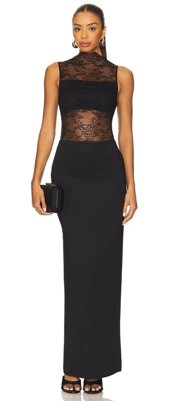 Alice + Olivia Nichol Black Lace Sleeveless Maxi Dress Gown Size 6 $625